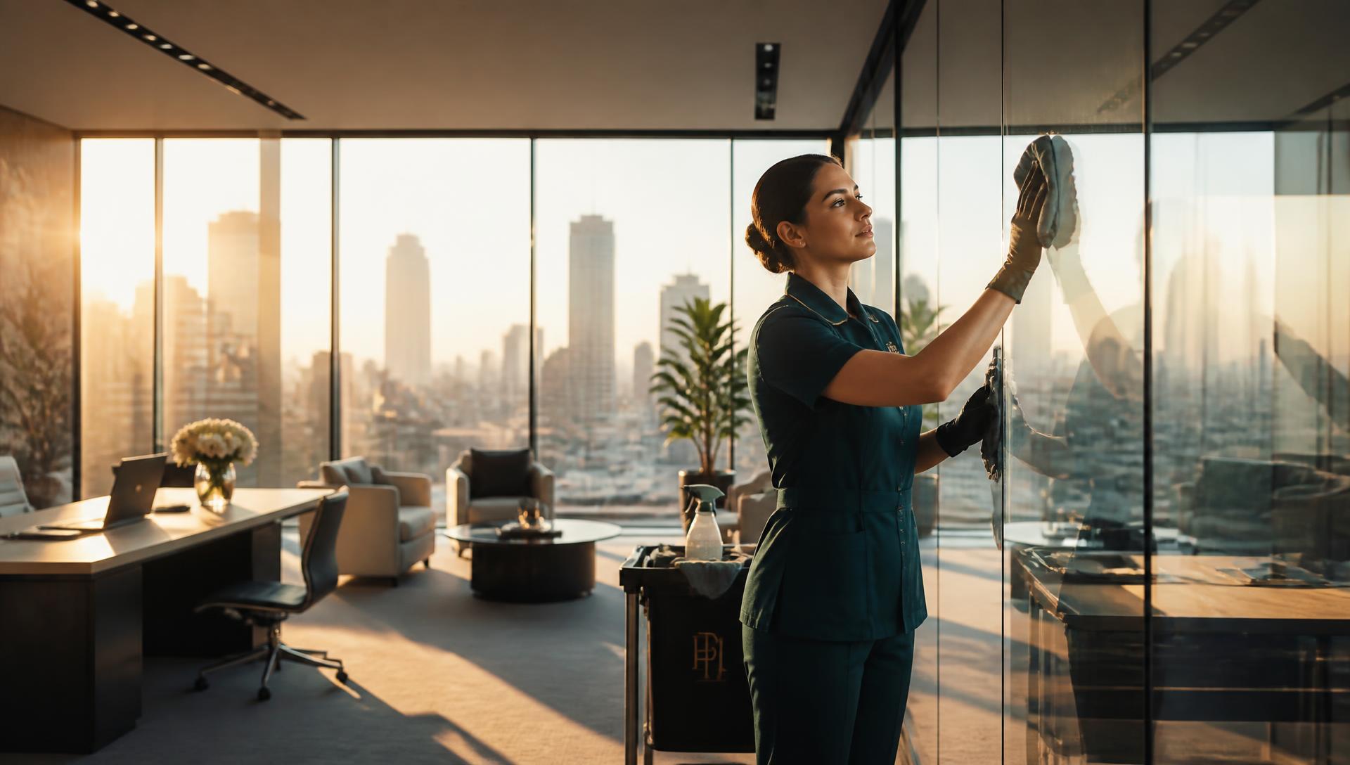 Cleaning specialist polishing glass in a modern corporate office at sunrise